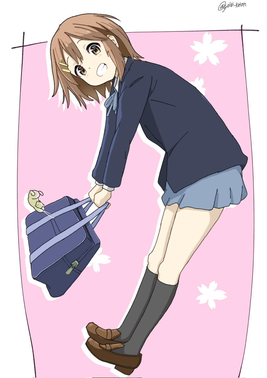 1girl, bag, bag_charm, black_socks, blue_bag, blue_jacket, blue_ribbon, blue_skirt