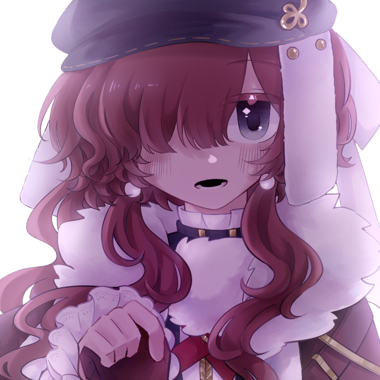 1girl, black_hat, blue_eyes, cabbie_hat, cape, fur-trimmed_cape, fur_trim, hair_over_one_eye, hands_up, hat, holding_hands, ling_aya., long_hair, open_mouth, red_hair, reverse:1999, solo, upper_body, white_background, yenisei_(reverse:1999)