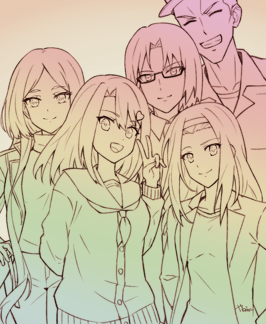 2boys, 3girls, aizawa_tsukasa, banjouji_nagare, closed_eyes, coat, cowboy_shot, glasses