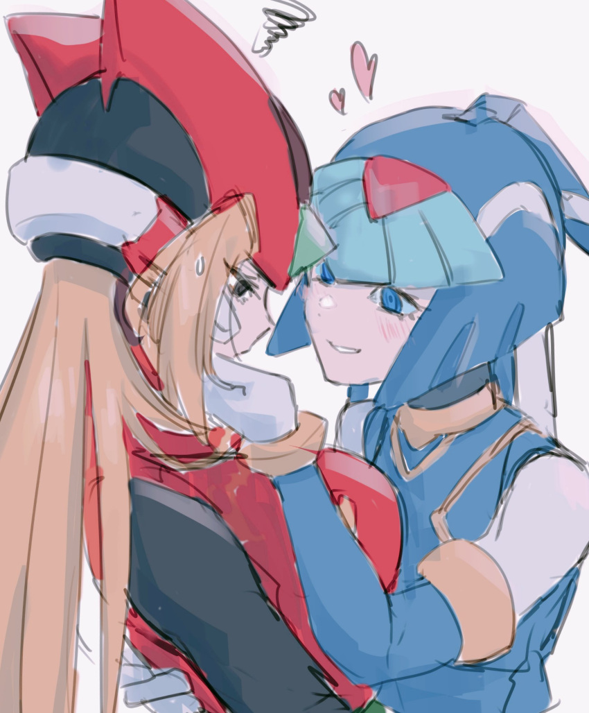 2girls, armor, black_eyes, bliss_zero_(mega_man), blonde_hair, blue_armor, blue_eyes, blue_helmet