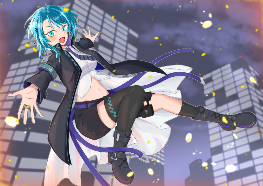 1girl, absurdres, aizawa_kazuha, akamura_saki_(saki_akamura), ankle_boots, armband, assault_lily, asymmetrical_hair, asymmetrical_legwear, belt, black_boots, black_jacket, black_shorts, black_socks, black_thighhighs, block_heels, blue_eyes, blue_hair, blurry, blurry_background, blush, boots, breasts, building, city, collared_shirt, commentary_request, commission, crop_top, diagonal-striped_clothes, diagonal-striped_necktie, embers, full_body, hair_ornament, hairclip, hands_up, high_heel_boots, high_heels, highres, jacket, jewelry, kneehighs, lace-up_boots, long_sleeves, looking_at_viewer, medium_breasts, medium_hair, midair, midriff, navel, necktie, night, official_alternate_costume, open_clothes, open_hand, open_jacket, open_mouth, outdoors, outstretched_arms, pouch, purple_belt, purple_necktie, reaching, reaching_towards_viewer, ring, shirt, shorts, skeb_commission, skyscraper, socks, solo, stomach, striped_clothes, thigh-highs, thigh_pouch, uneven_legwear, v-shaped_eyebrows, waist_cape, white_shirt