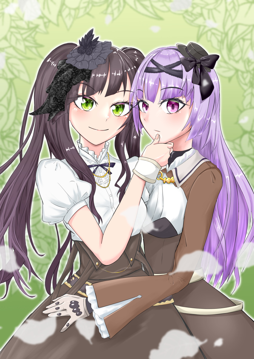 2girls, absurdres, akamura_saki_(saki_akamura), assault_lily, black_bow, black_flower, black_hair, black_hairband