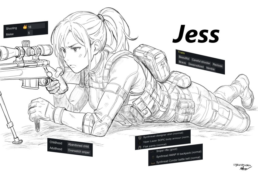 1girl, ammunition_pouch, backpack, bag, belt, belt_pouch, bipod, boots, english_text, frown, greyscale, gun, lying, military_uniform, monochrome, on_stomach, pawn_(rimworld), ponytail, pouch, rifle, rimworld, scope, screenshot_inset, signature, sketch, sniper_rifle, solo, thigh_pouch, uyku, weapon