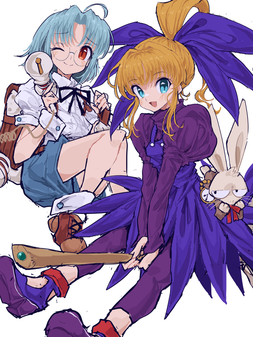2girls, absurdres, backpack, bag, blue_eyes, bow, broom, broom_riding