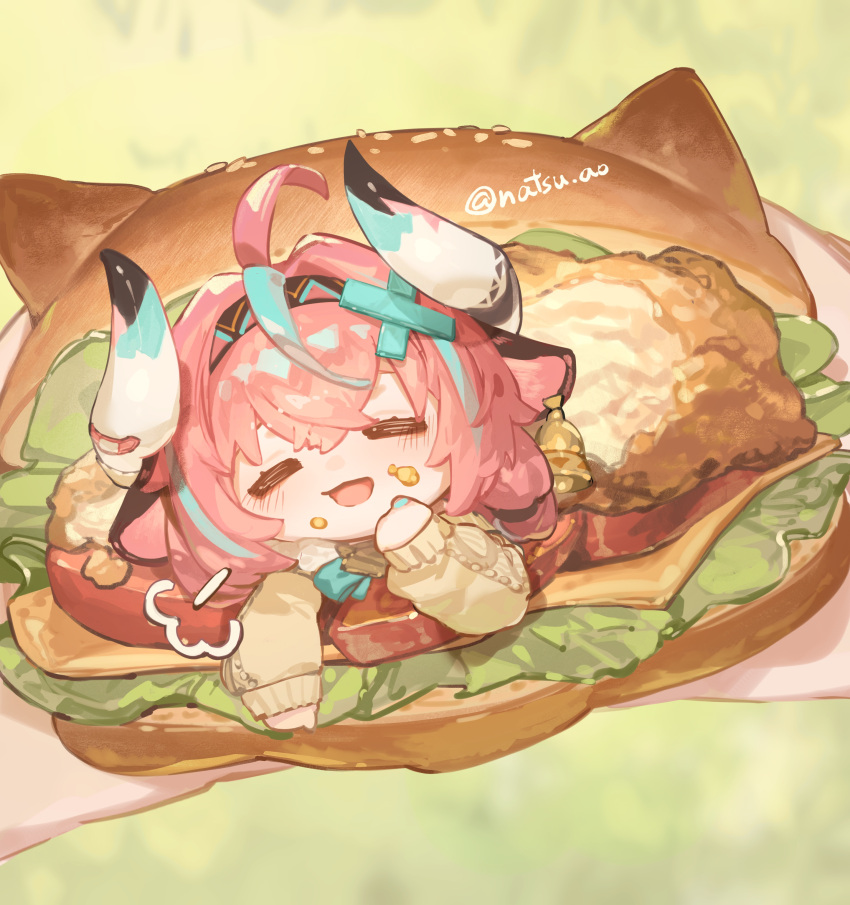1girl, 1other, absurdres, animal_ears, aqua_hair, bandaid_on_horn, bell, bell_earrings