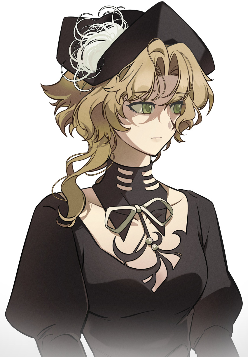 1girl, :|, absurdres, black_dress, black_hat, blonde_hair, closed_mouth, dress