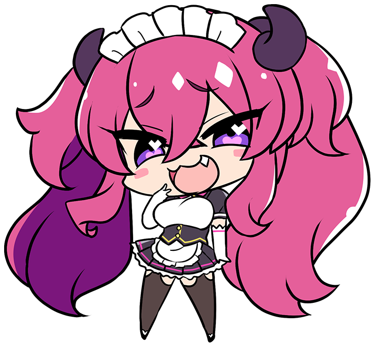 1girl, :3, apron, bad_thumbnail, black_dress, black_horns, black_skirt, black_thighhighs, blush, bow, bowtie, breasts, collar_jewel, curved_horns, derauea, dragon_girl, dragon_horns, dress, dyzenia_dracour, elbow_gloves, fang, femme_de_menage_maid_academy_uniform, flower, footwear_flower, frilled_apron, frills, game_cg, garter_straps, gem, gloves, heart, heart_in_eye, horns, large_breasts, long_hair, looking_at_viewer, maid, maid_apron, maid_headdress, mesugaki, milk_factory, miniskirt, motto!_haramase!_honoo_no_oppai_isekai_oppai_maid_gakuen!, naughty_face, non-web_source, open_mouth, pink_bow, pink_bowtie, pink_hair, puffy_short_sleeves, puffy_sleeves, purple_brooch, purple_gemstone, short_sleeves, skirt, smile, smug, solo, symbol_in_eye, teasing, thigh-highs, transparent_background, twintails, v, very_long_hair, violet_eyes, waist_apron, white_apron, white_gloves