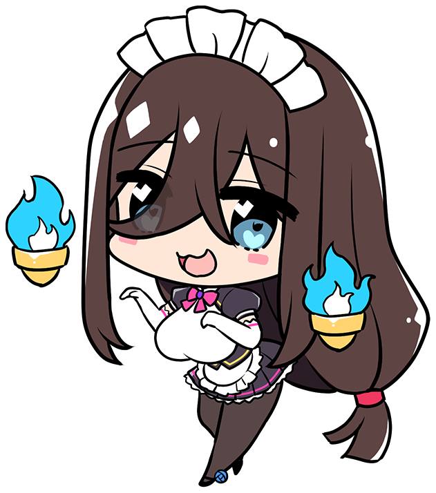 1girl, :3, anastasia_mysterante, apron, bad_thumbnail, black_dress, black_skirt, blue_eyes, blue_fire, blush, bow, bowtie, breasts, brown_hair, collar_jewel, derauea, dress, elbow_gloves, femme_de_menage_maid_academy_uniform, fire, flower, footwear_flower, frilled_apron, frills, game_cg, gem, ghost, ghost_pose, gloves, hair_between_eyes, heart, heart_in_eye, large_breasts, long_hair, looking_at_viewer, low-tied_long_hair, maid, maid_apron, maid_headdress, milk_factory, miniskirt, motto!_haramase!_honoo_no_oppai_isekai_oppai_maid_gakuen!, non-web_source, open_mouth, pantyhose, pink_bow, pink_bowtie, puffy_short_sleeves, puffy_sleeves, purple_brooch, purple_gemstone, short_sleeves, skirt, smile, solo, symbol_in_eye, transparent_background, very_long_hair, waist_apron, white_apron, white_gloves, will-o'-the-wisp_(mythology)