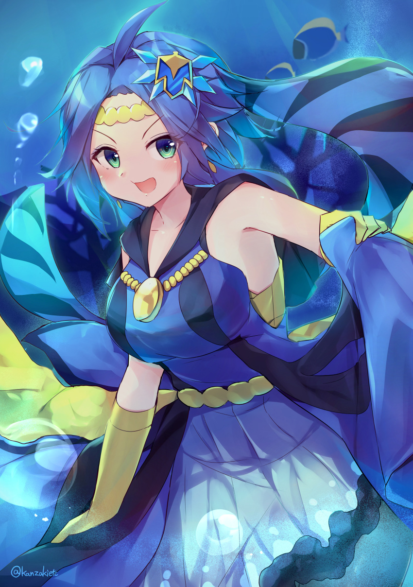 1girl, absurdres, ahoge, blue_dress, blue_hair, blush, breasts, collarbone