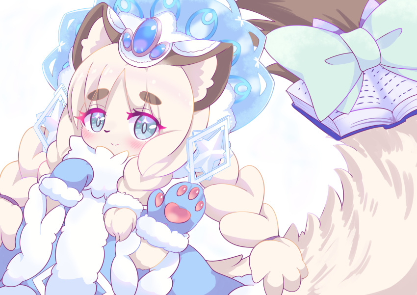 1girl, blue_bow, blue_eyes, blue_gloves, blush, bow, braid, closed_mouth, duel_monster, fairy_tail_rochka, furry, furry_female, gloves, hair_ornament, highres, long_hair, long_sleeves, looking_at_viewer, na_gara, simple_background, smile, solo, twin_braids, white_background, yu-gi-oh!