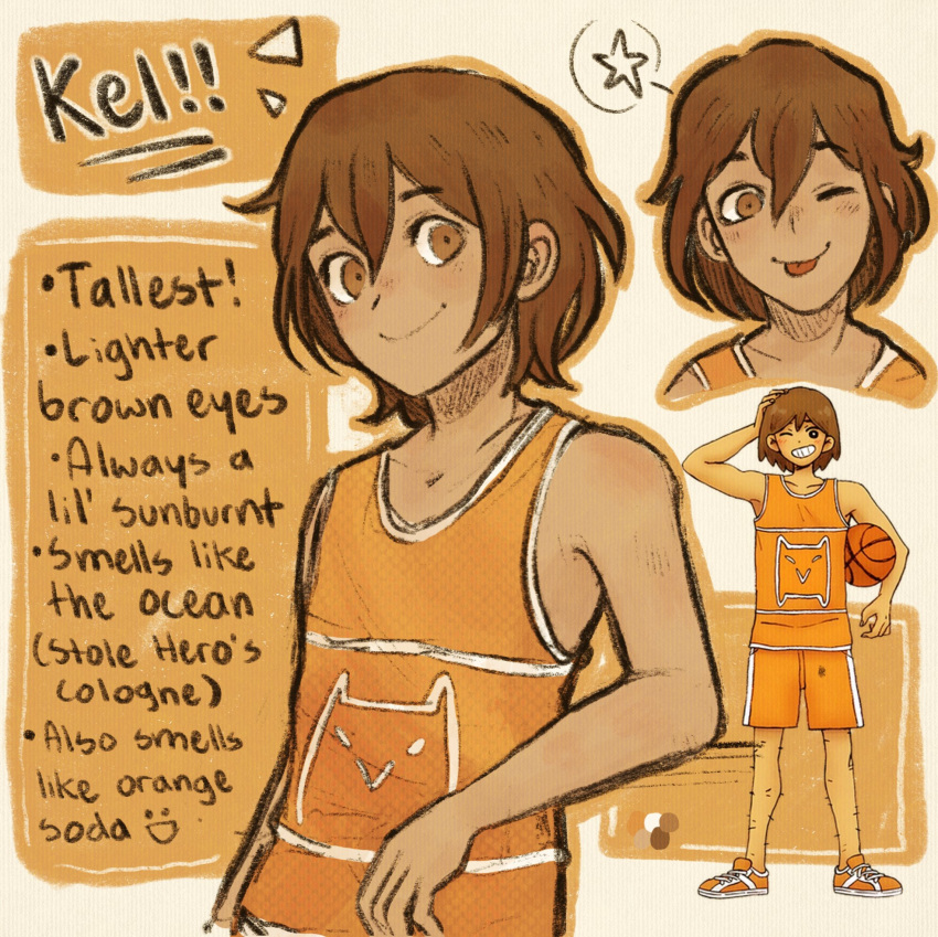 1boy, brown_eyes, brown_hair, character_name, closed_mouth, collarbone, dark-skinned_male, dark_skin