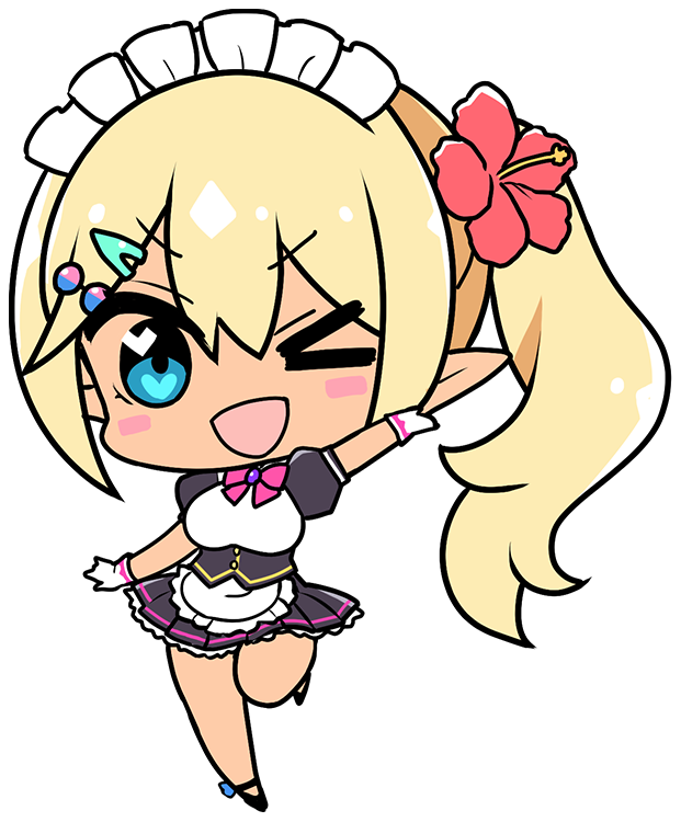 >_o, 1girl, apron, bad_thumbnail, black_dress, black_skirt, blonde_hair, blush, bow, bowtie, breasts, collar_jewel, dark_skin, derauea, dress, elf, femme_de_menage_maid_academy_uniform, flower, footwear_flower, frilled_apron, frills, game_cg, gem, gloves, hair_flower, hair_ornament, heart, heart_in_eye, large_breasts, leg_up, long_hair, long_pointy_ears, looking_at_viewer, maid, maid_apron, maid_headdress, milk_factory, miniskirt, motto!_haramase!_honoo_no_oppai_isekai_oppai_maid_gakuen!, myunmyun_lafleur, non-web_source, official_art, one_eye_closed, open_mouth, pink_bow, pink_bowtie, pointy_ears, puffy_short_sleeves, puffy_sleeves, purple_brooch, purple_gemstone, red_flower, short_sleeves, side_ponytail, skirt, smile, solo, symbol_in_eye, tan, transparent_background, waist_apron, white_apron, white_gloves
