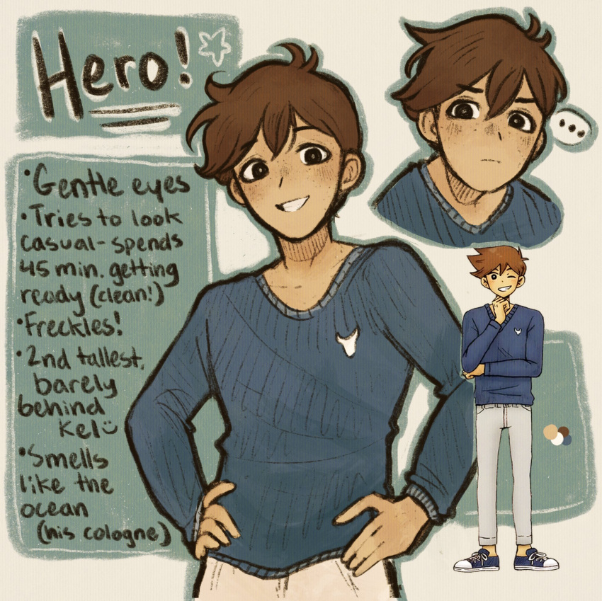 ..., 1boy, alternate_eye_color, black_eyes, blue_sweater, blush, brown_hair, character_name