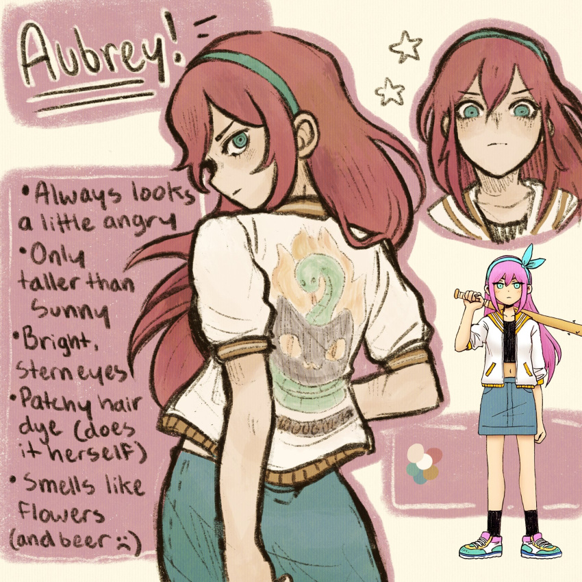 1girl, aubrey_(faraway)_(omori), aubrey_(omori), blue_eyes, blue_hairband, blue_skirt, character_name, closed_mouth