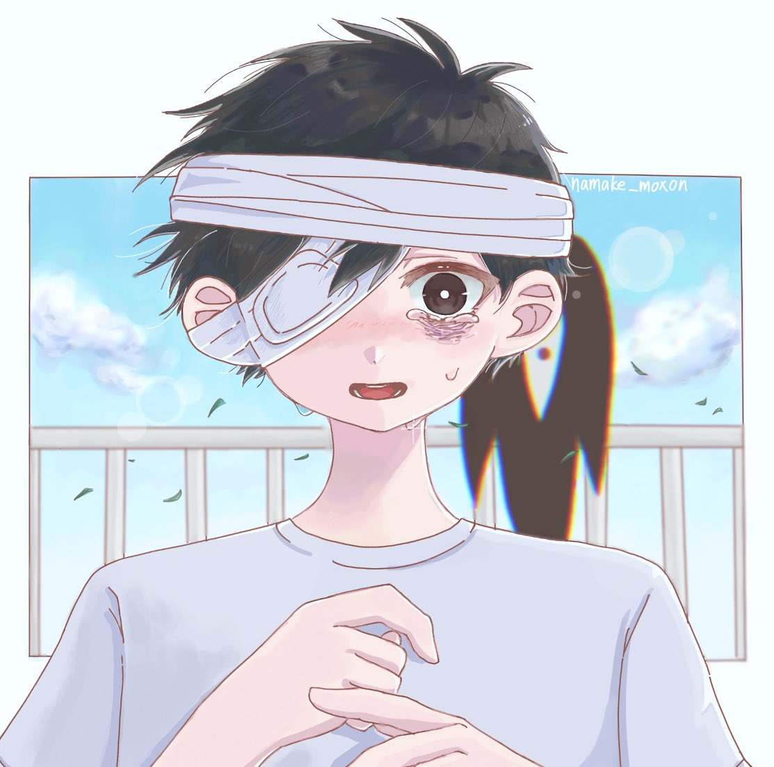 1boy, artist_name, bandaged_head, bandages, black_eyes, black_hair, bright_pupils, bruise