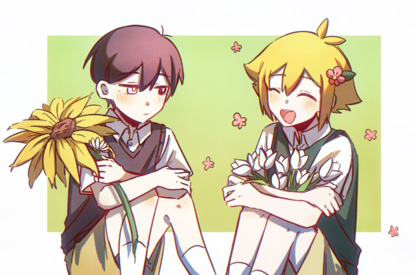 2boys, antenna_hair, bailan1130, basil_(faraway)_(omori), basil_(omori), black_eyes, black_hair, black_sweater_vest