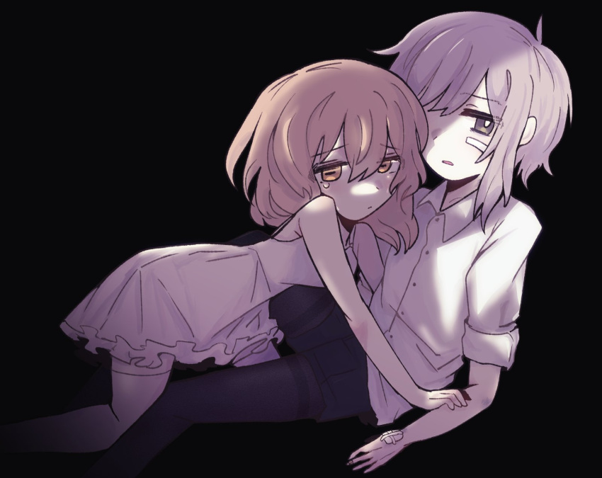 1boy, 1girl, backlighting, bandaid, bandaid_on_cheek, bandaid_on_face, bandaid_on_finger, bare_shoulders