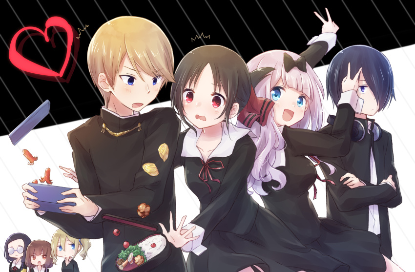 2boys, 5girls, absurdres, black_background, black_bow, black_dress, black_hair, black_jacket
