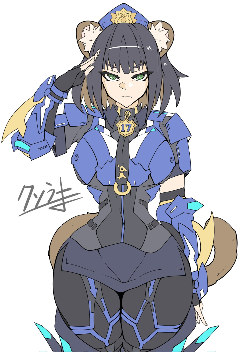 1girl, animal_ear_fluff, armor, black_hair, black_pantyhose, blue_armor, blue_hat, breasts