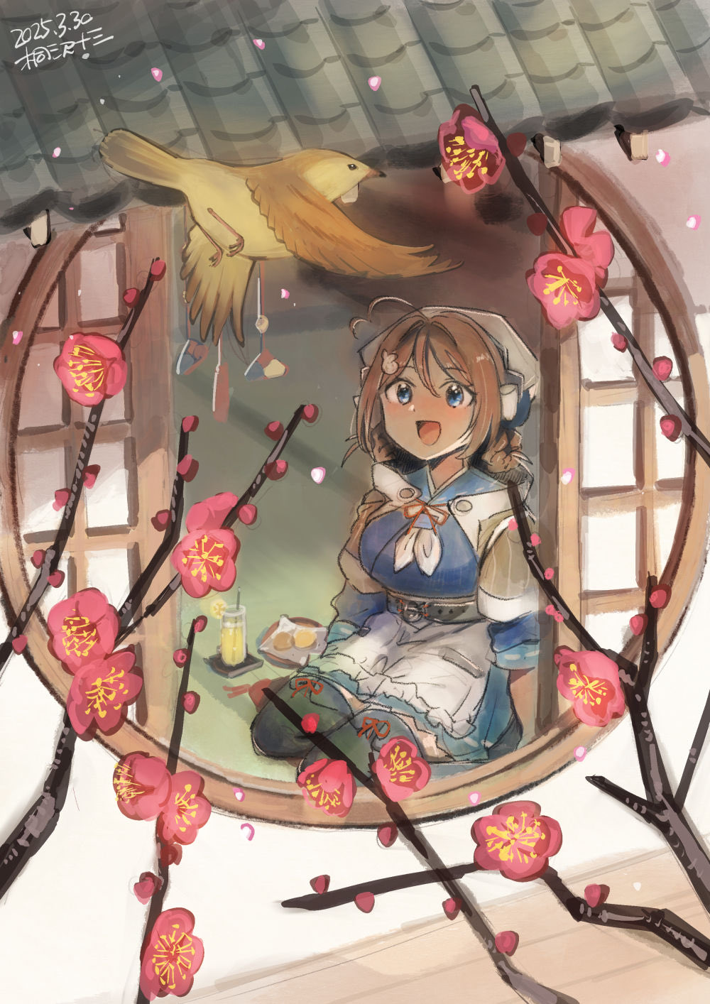 ahoge, apron, artist_name, bandana, bird, blue_sailor_collar, blue_serafuku, blue_skirt