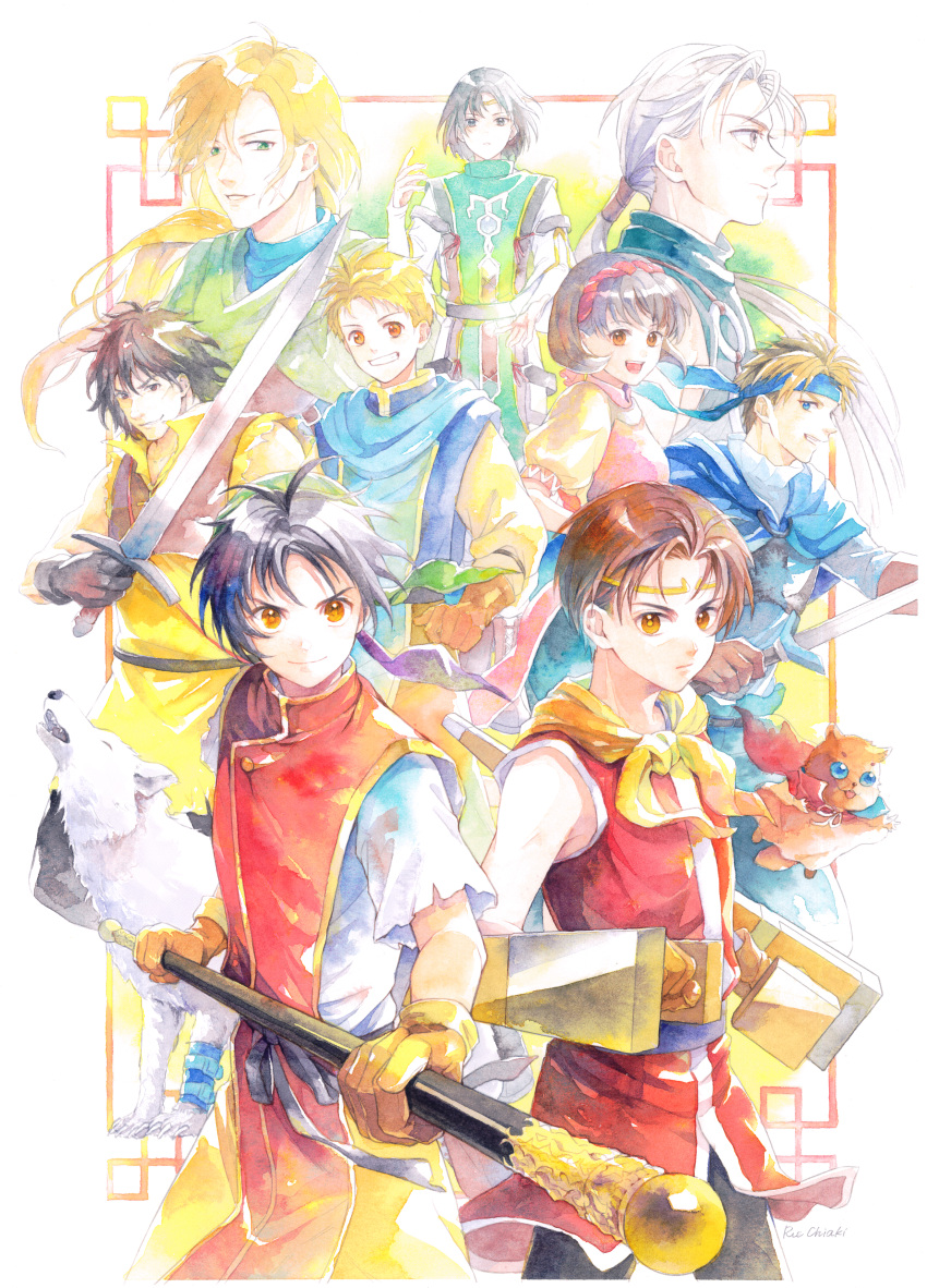 absurdres, black_hair, blonde_hair, brown_hair, flik_(suikoden), gensou_suikoden, gensou_suikoden_i, gensou_suikoden_ii