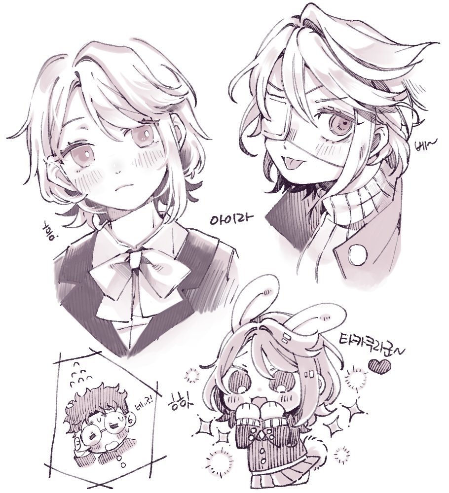 1boy, 1girl, animal_ears, blush, bow, bowtie, closed_mouth, collared_shirt, comimingming, dandadan, eyepatch, greyscale, hair_between_eyes, hands_on_own_cheeks, hands_on_own_face, medical_eyepatch, medium_hair, monochrome, pleated_skirt, rabbit_ears, rabbit_girl, rabbit_tail, round_eyewear, school_uniform, shiratori_aira_(dandadan), shirt, short_hair, sketch, skirt, sweatdrop, tail, takakura_ken_(dandadan), tongue, tongue_out, white_background