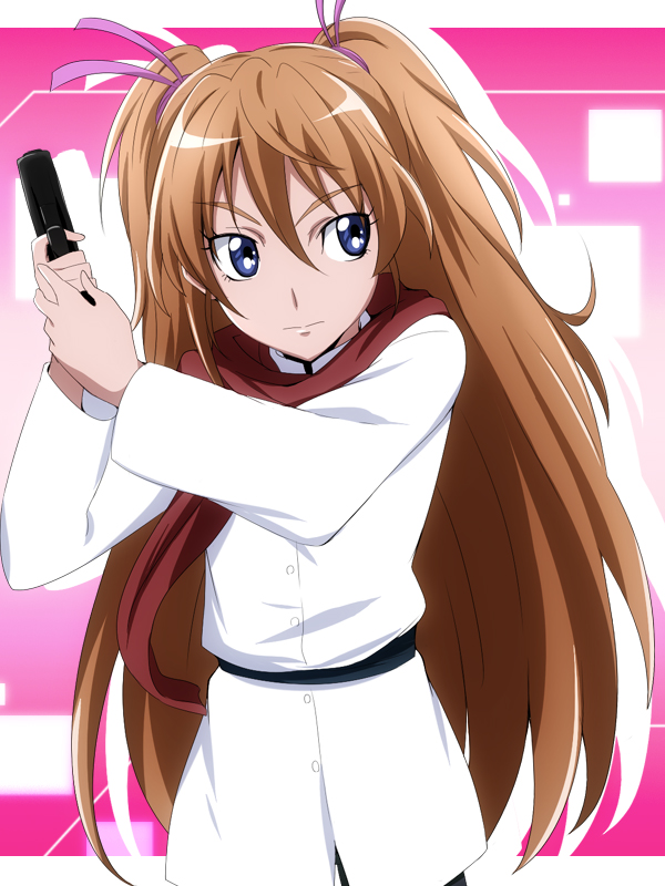brown_hair, cosplay, gun, gundam, gundam_00, houjou_hibiki, ikari_manatsu, long_hair, precure, scarf, setsuna_f_seiei, setsuna_f_seiei_(cosplay), solo, suite_precure, twintails, two_side_up, weapon
