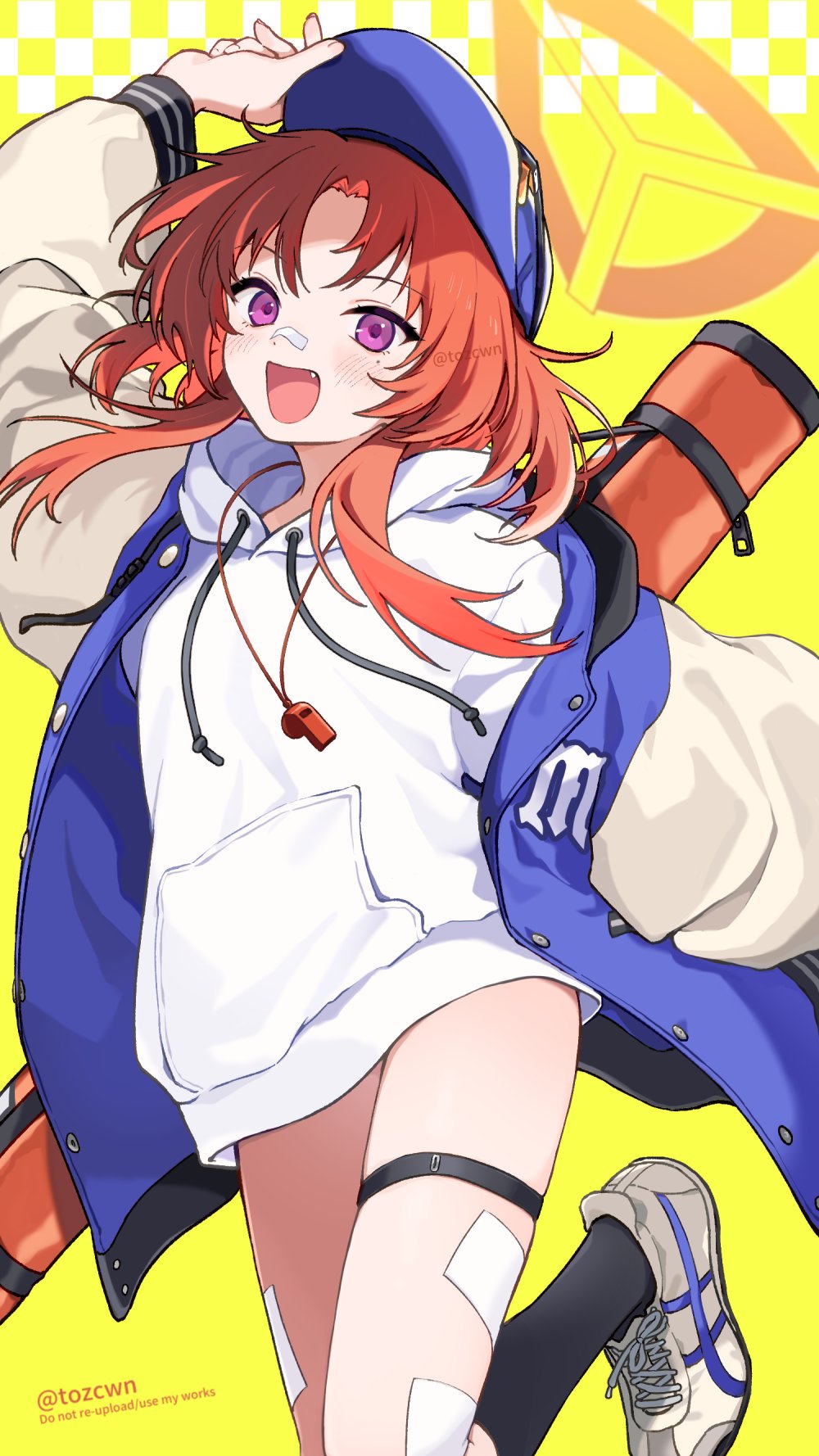 1girl, :d, arm_up, bandaid, bandaid_on_face, bandaid_on_leg, bandaid_on_nose, baseball_cap