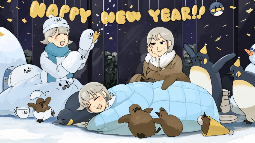 3girls, :d, ^_^, absurdres, balloon, bird, blue_scarf, brown_coat, closed_eyes, coat, confetti, cup, diva_(hyxpk), donut_stamp, drooling, duck, english_commentary, grey_hair, hand_on_own_face, hand_puppet, happy_new_year, hat, hatching, highres, king_penguin, mouth_drool, mug, multiple_girls, party_hat, penguin, penguin_balloon, penguin_chick, penguin_keeper_(diva), plate, polar_bear_keeper_(diva), puppet, scarf, seal_keeper_(diva), seal_puppet, short_hair, sleeping, smile, snowman, white_scarf, zoo, zookeeper, zookeepers_(diva)