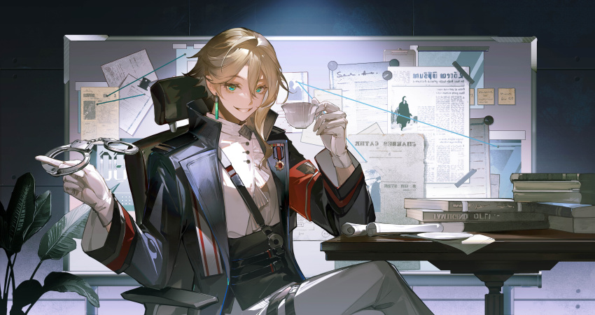 1boy, absurdres, ahoge, aqua_eyes, bad_source, blonde_hair, book, bulletin_board