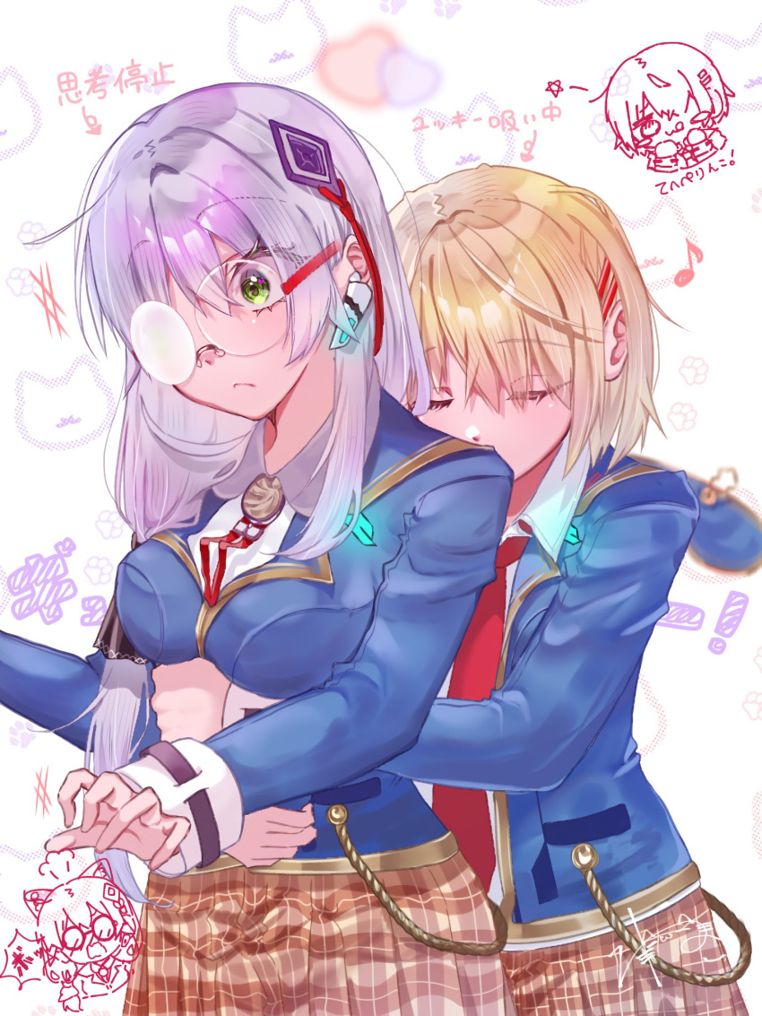 2girls, blonde_hair, blue_jacket, closed_eyes, glasses, green_eyes, grey_hair, hair_ornament