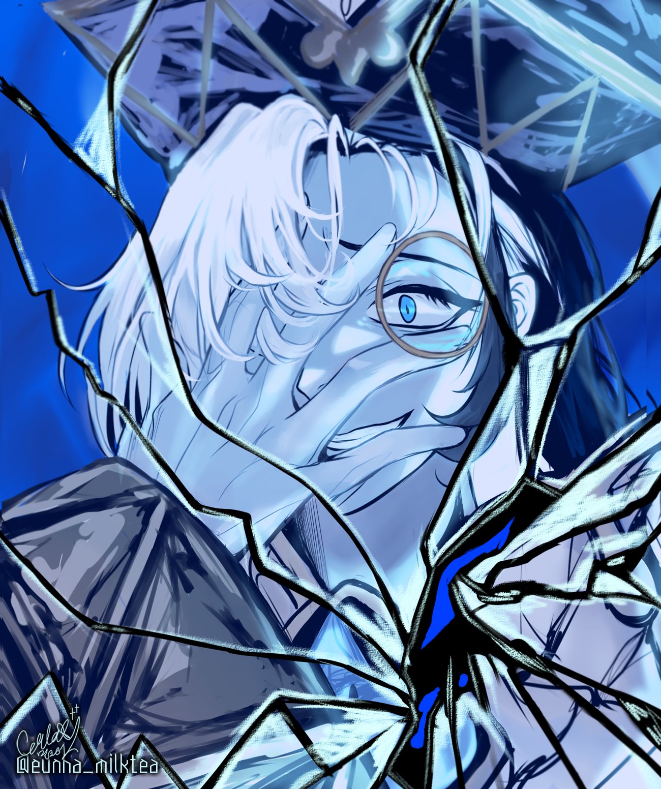 1boy, blue_eyes, blue_hat, blue_skin, colored_skin, cookie_run, cookie_run:_kingdom, cracked_screen, eunha_milktea, hat, highres, humanization, jester_cap, long_hair, long_sleeves, looking_at_viewer, male_focus, neck_ruff, puffy_long_sleeves, puffy_sleeves, shadow_milk_cookie, simple_background, smile, solo, upper_body, white_hair