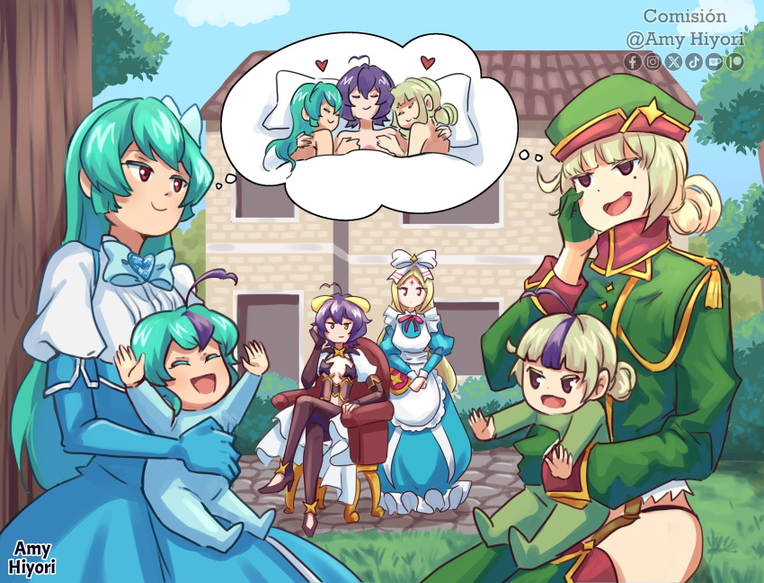 6+girls, absurdres, ahoge, amyhiyori, apron, aqua_hair, araga_kiwi, artist_name