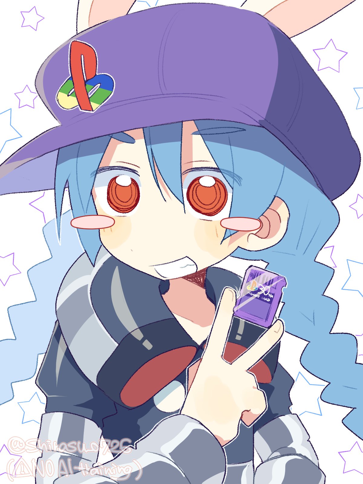 1girl, animal_ears, beret, blue_hair, blush_stickers, braid, grin, hat