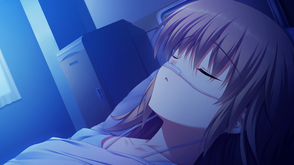 1girl, bed, breathing, brown_hair, closed_eyes, collarbone, fumio_(ura_fmo), game_cg