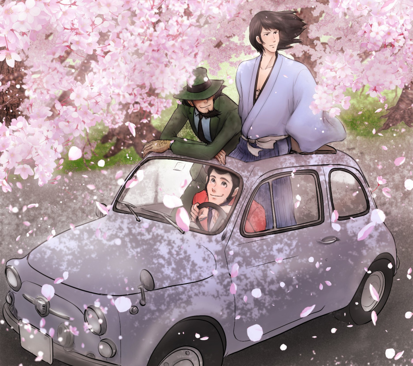 3boys, arm_rest, arsene_lupin_iii, beard, black_hair, black_jacket, black_necktie, black_pants