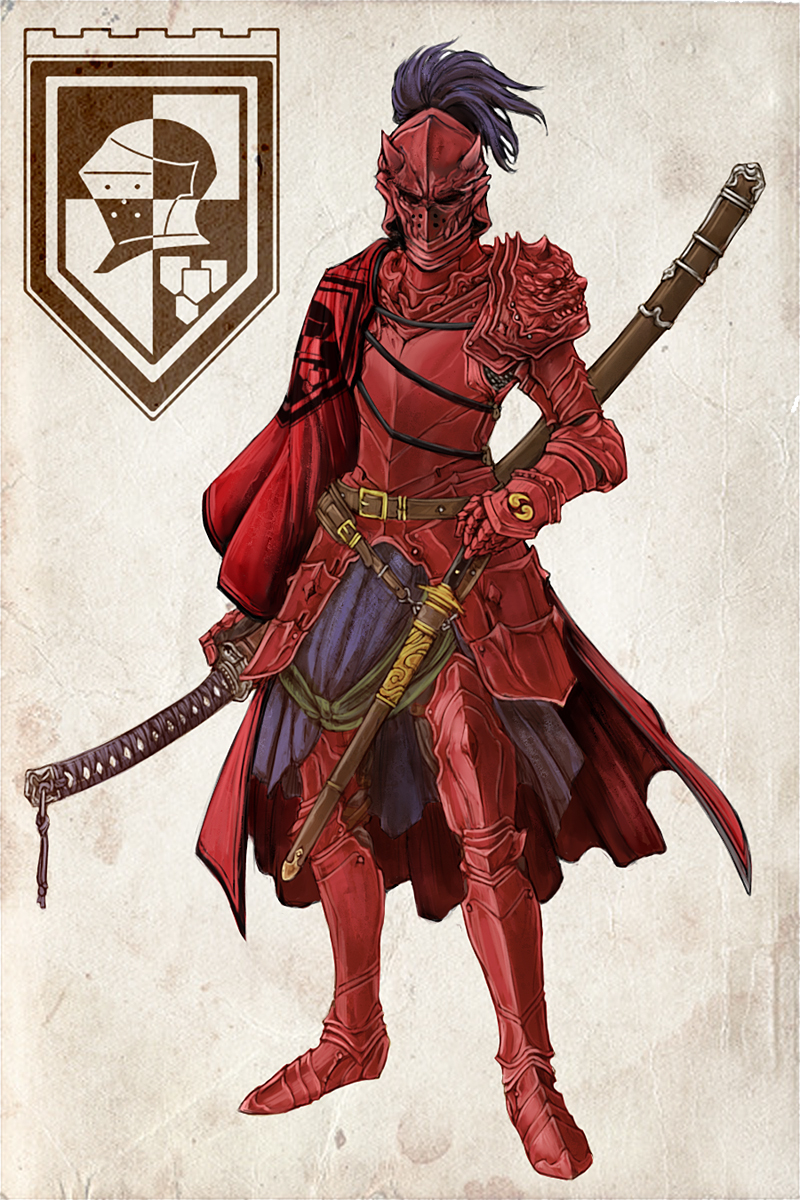 cape, cervus, gauntlets, greaves, helmet, highres, katana, knight