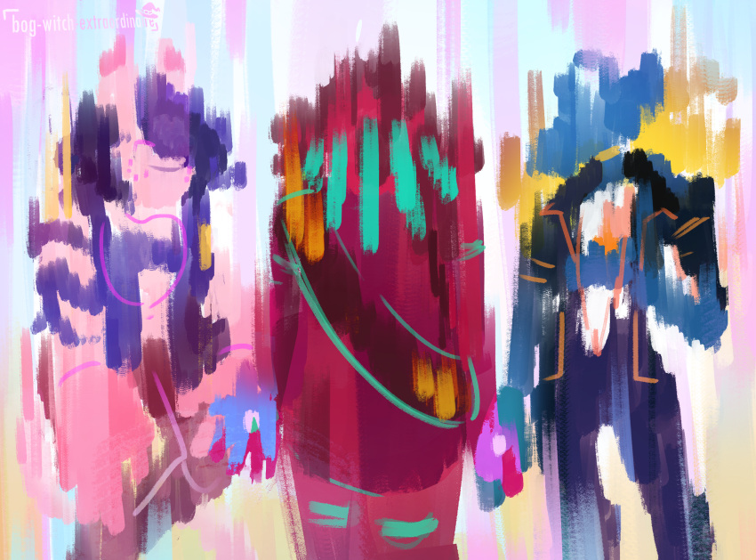 3girls, abstract_background, artist_name, black_jacket, blue_hair, blue_jacket, blurry, bog_witch_extraordinaire