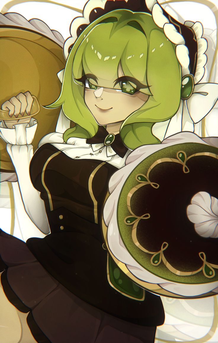 1girl, artist_request, blunt_bangs, commentary_request, cookie_run, cookie_run:_kingdom, dress, green_eyes