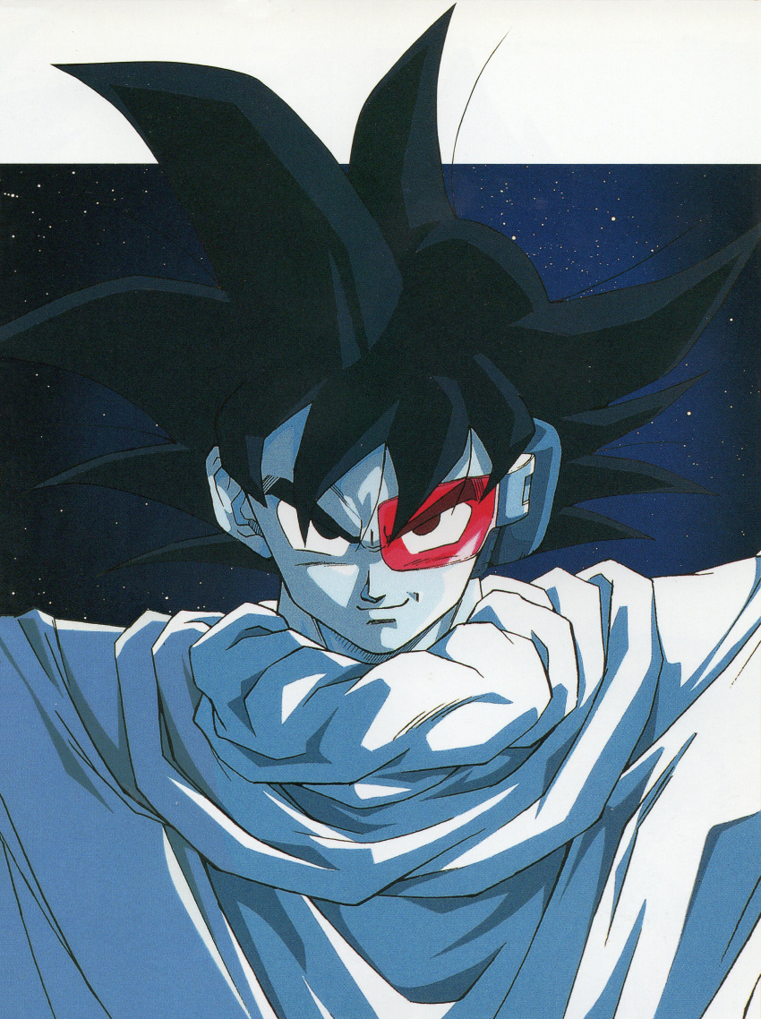 1990s_(style), 1boy, absurdres, border, cloak, dragon_ball, dragon_ball_z, greyscale