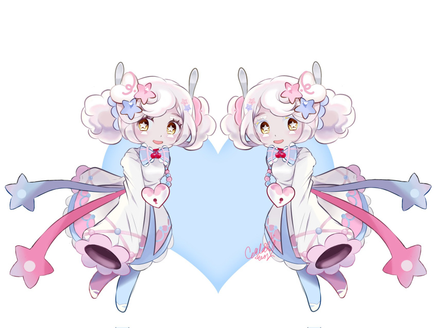 1girl, :d, asymmetrical_legwear, blue_pantyhose, chibi, chibi_only, commentary_request, cookie_run
