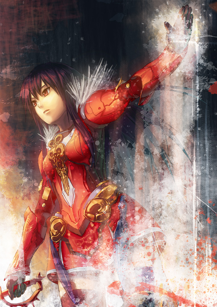 black_hair, long_hair, lord_of_vermilion, mismi, orange_eyes, rishia, solo, sword