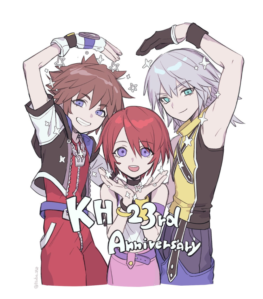 1girl, 2boys, anniversary, aqua_eyes, armband, armpits, bangle, bare_shoulders, belt, black_choker, black_gloves, black_jacket, black_shirt, blue_belt, blue_eyes, bracelet, brown_hair, camisole, chain, chain_necklace, chaps, choker, closed_mouth, cropped_jacket, fingerless_gloves, gloves, grey_hair, grin, hair_between_eyes, half_gloves, hand_up, heart_arms_trio, highres, jacket, jewelry, kairi_(kingdom_hearts), kingdom_hearts, medium_hair, multiple_boys, necklace, open_mouth, overalls, pink_skirt, purple_belt, red_hair, red_overalls, riku_(kingdom_hearts), shirt, short_hair, skirt, smile, sora_(kingdom_hearts), sparkle, spiky_hair, tsuba_258, twitter_username, upper_body, violet_eyes, white_background, white_camisole, white_gloves, yellow_shirt