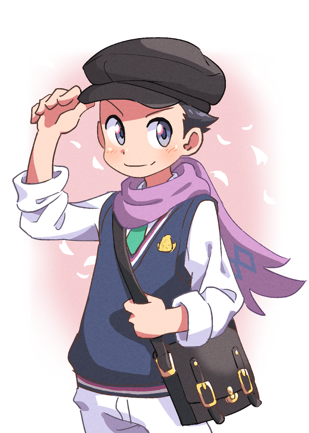 1boy, bag, beret, black_hair, black_hat, cowboy_shot, grey_eyes, hat