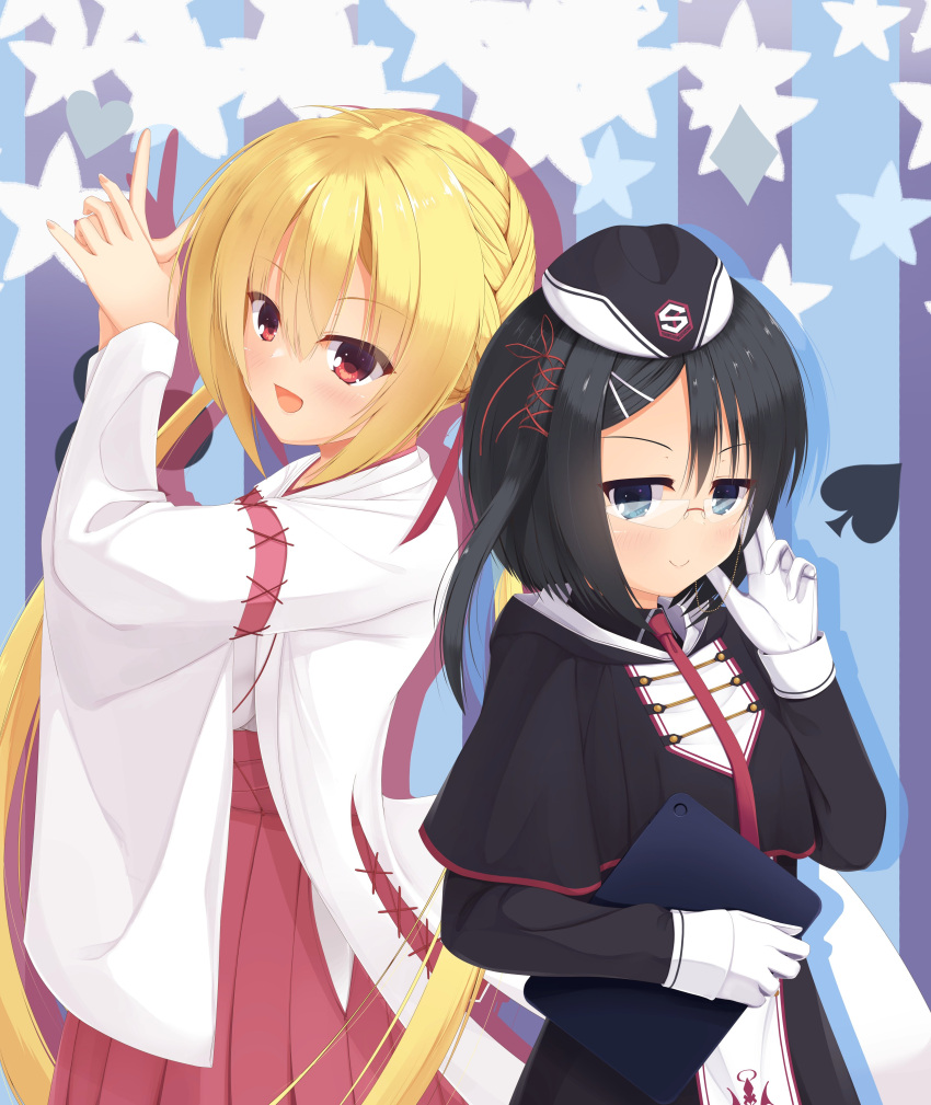 >:), 2girls, :d, =_hair_ornament, absurdres, adjusting_eyewear, arihara_nanami, arihara_nanami_(cosplay)