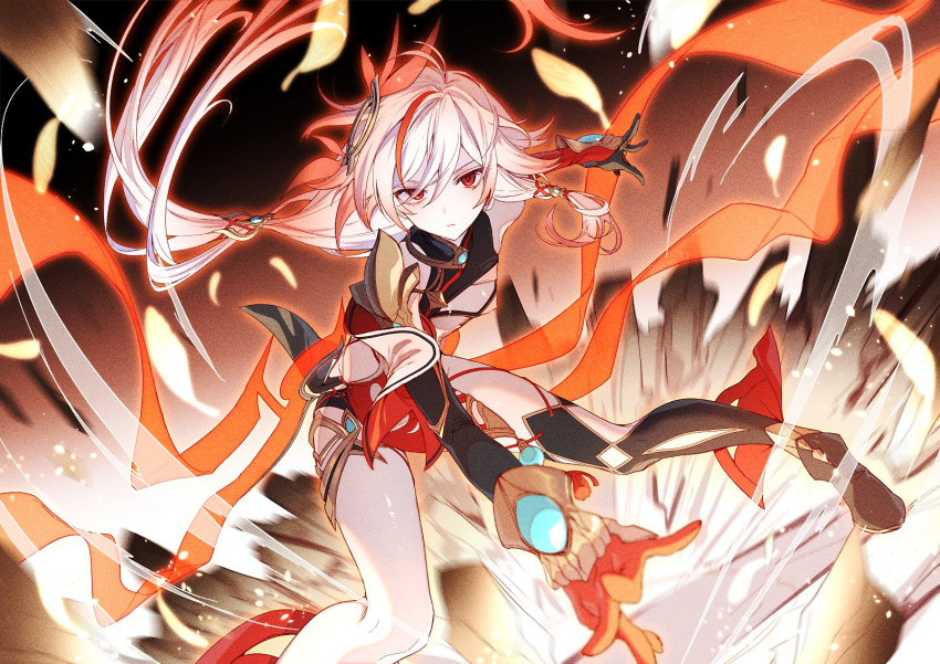 1girl, battle, black_shoes, floating_hair, fu_hua, fu_hua_(phoenix), gloves, gradient_hair