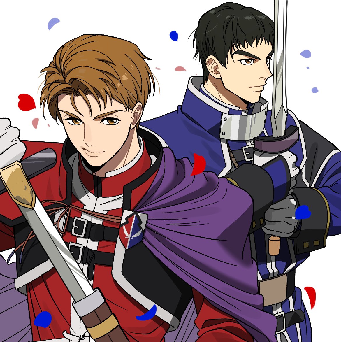 2boys, black_hair, blue_coat, blue_petals, brown_eyes, brown_hair, camus_(suikoden), cloak