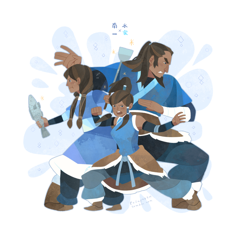 1boy, 2girls, avatar_legends, bandaged_wrist, bandages, blue_pants, blue_tunic, boots, braid, brown_boots, brown_hair, chinstrap_beard, clenched_hand, clenched_teeth, closed_mouth, dark-skinned_female, dark-skinned_male, dark_skin, father_and_daughter, fish, fur_trim, high_ponytail, husband_and_wife, isist, korra, long_hair, medium_hair, mother_and_daughter, multiple_girls, open_mouth, pants, ponytail, senna_(legend_of_korra), shouting, signature, teeth, the_legend_of_korra, tonraq, tunic