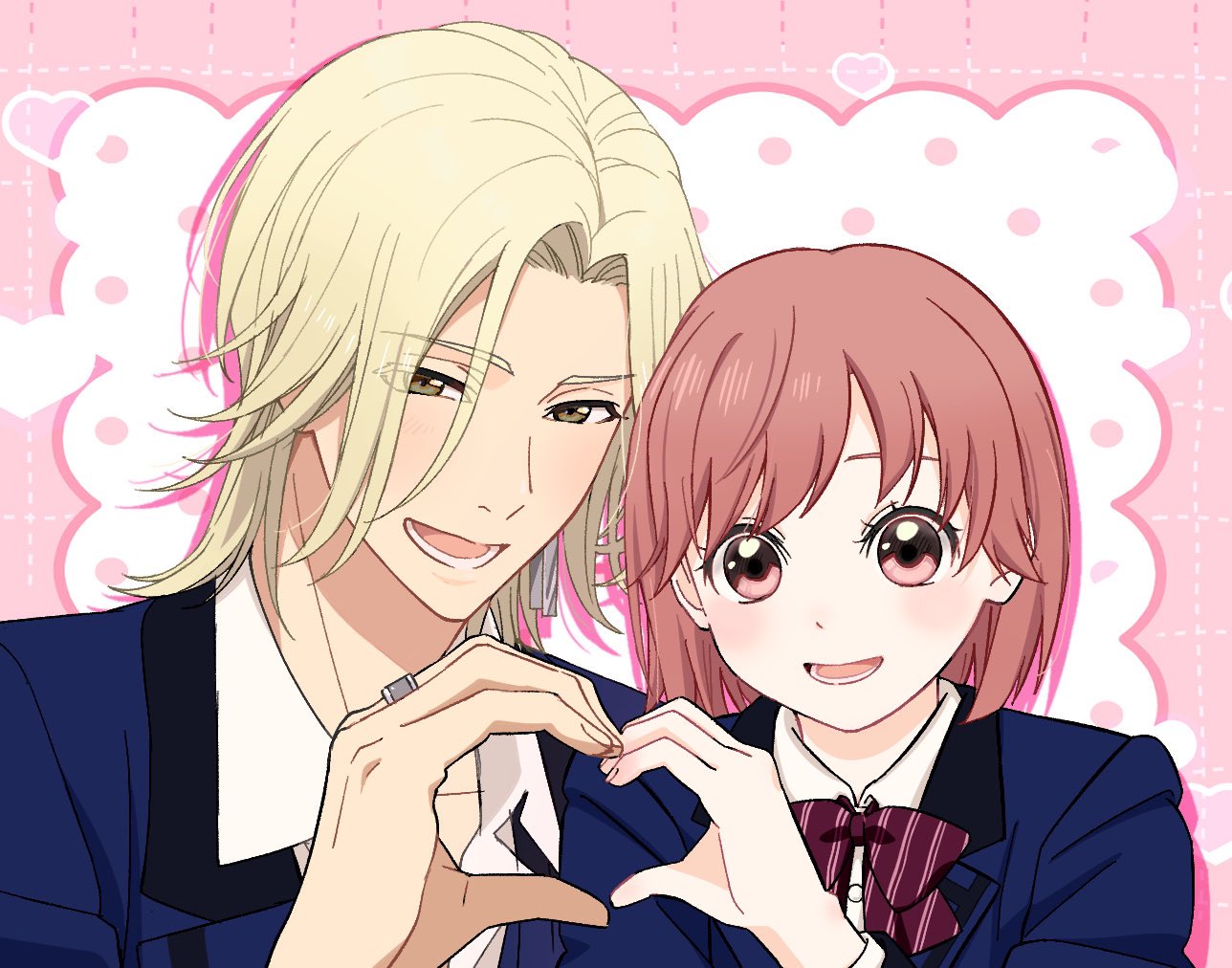 1boy, 1girl, blonde_hair, blue_jacket, bow, bowtie, brown_eyes, brown_hair