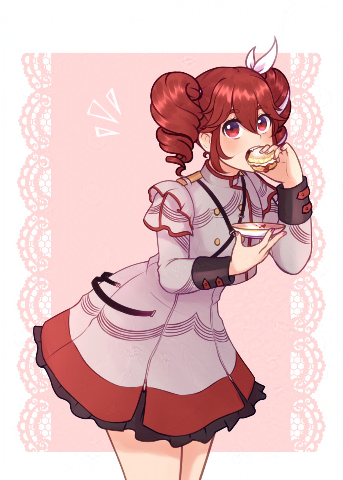 1girl, ahoge, bow, buttons, chanpotei, drill_hair, food, food_in_mouth